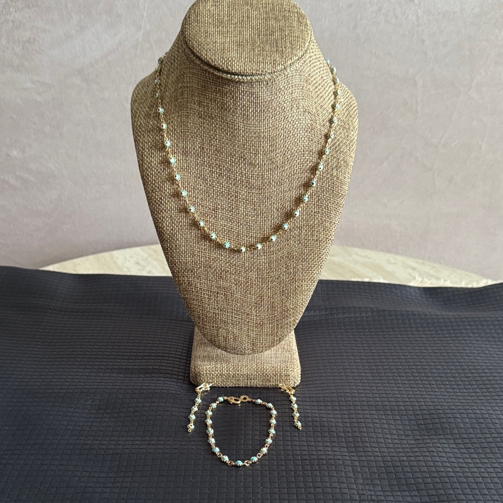 Stainless Steel Gold Light Blue Evil Eyes Set (Necklace, Earrings and Bracelet)